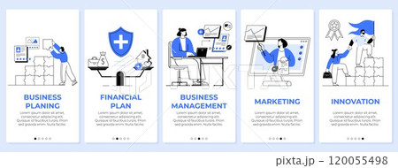 Five panels depict various aspects of business management. A person plans a strategy, financial plan with balance scale, business management desk, marketing with chart, and innovation with a trophy 120055498