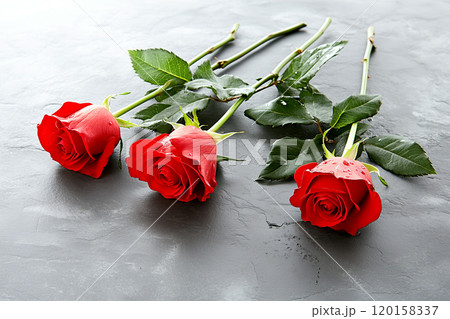 Three Fresh Red Roses on Dark Stone Background 120158337