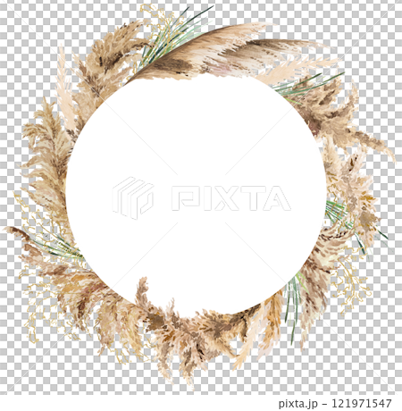 Frame with watercolor beige, green and golden pampas grass, Boho Wedding isolated illustration 121971547