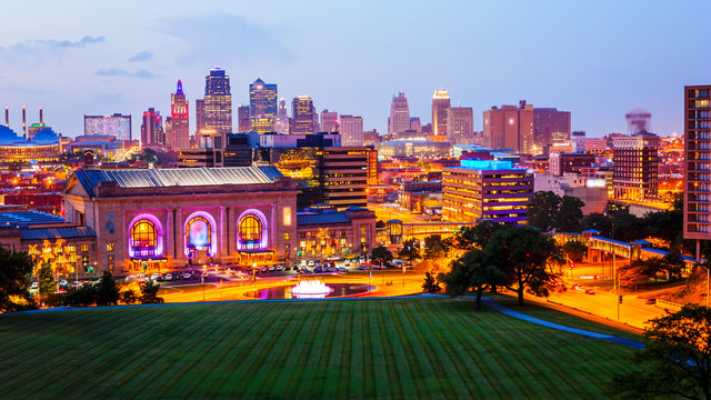 Kansas City, Missouri Skyline at Night (logos blurred)