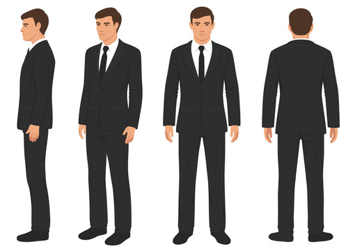  fashion man isolated, front, back and side view, vector illustration, businessman in suit 