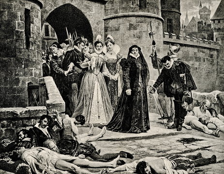 Catherine de Medici gazing at Protestants massacred in the aftermath of the massacre of St. Bartholomew; by Debat-Ponsan, 1880 (from Spamers Illustrierte Weltgeschichte, 1894, 5[1], 536/537)