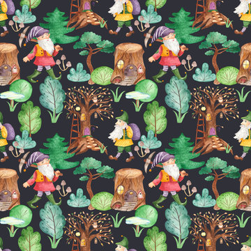 Watercolor seamless pattern with cute dwarves in the fairy forest. Texture for wallpaper, kindergarten, waldorf, holiday lanterns, cards, children's design.