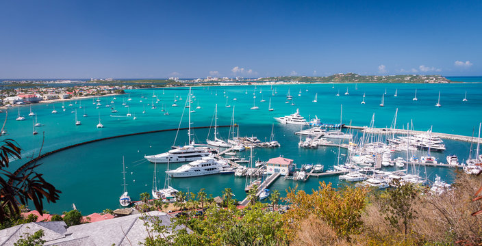 Marigot, St Martin - February 2015: Harbour at Marigot, French capital of St Martin, Caribbean