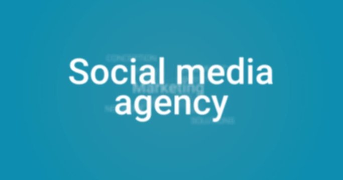 Video Animation showing the services of a social media agency (e.g. management, support, communication, optimization). Blue background, white text. Tag Cloud