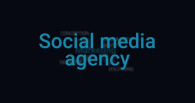 Video Animation showing the services of a social media agency (e.g. advertising, campaigns, targeting, conversations). Black background, blue text. Tag Cloud