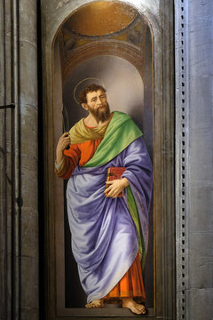 Saint Bartholomew painting by Lorenzo di Credi, Orsanmichele Church in Florence, Tuscany, Italy