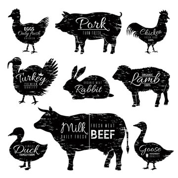 Butcher animals logo. Chicken goat turkey cow pig sheep silhouettes, farm animal butchery shop. Vector vintage isolated black silhouette logos on white background