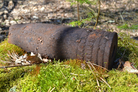 Ferruginous artillery whizzbang high explosive of the Second World War in forest of Belarus