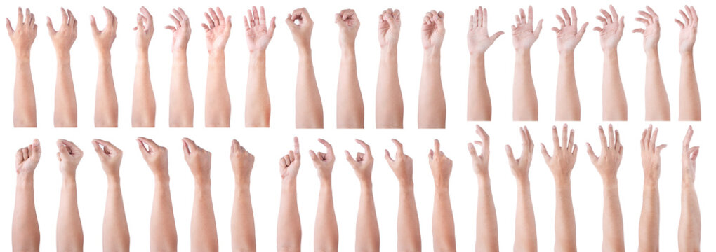 GROUP of Male asian hand gestures isolated over the white background. Soft Grab and Touch Action.