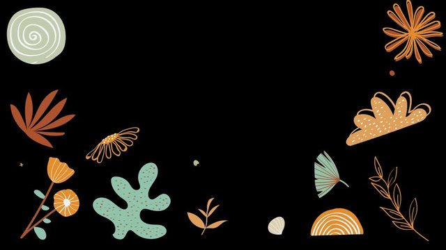 Drawn flower patterns fill black background. Animation. Animated and delicate patterns of flowers and leaves grow on black background