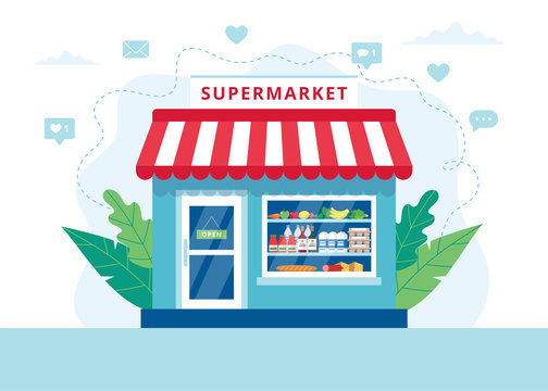 Grocery store concept, supermarket with different grocery. Vector illustration in flat style