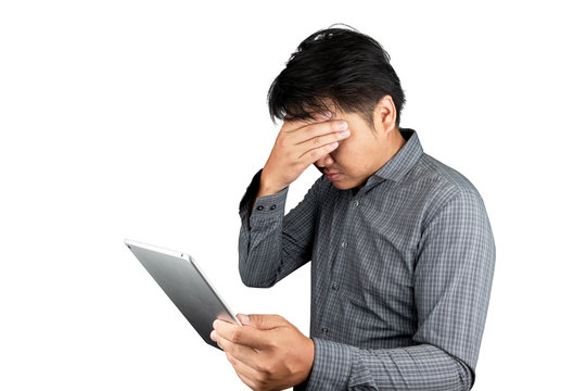 Portrait male asia handsome office worker Wear striped shirt hand holding the tablet overwork tired having headache caused unhappiness and disappointment feeling isolated on a white background