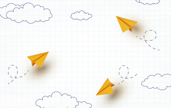 School notebook background. 3d flying yellow paper airplanes. Vector cartoon children planes in air