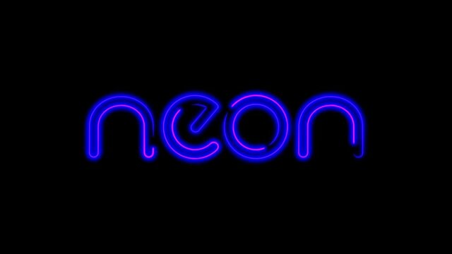 Abstract seamless 4K video animation of blue neon lines text logo word NEON animation on black background. 4K video neon star close-up.