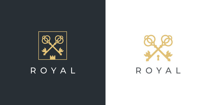 Royal gold key icon. Modern real estate logo template. Crossed classic keys symbol. Luxury hotel sign. Vector illustration.