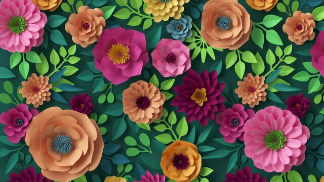 3d render, abstract botanical background animation, blooming live image, creative floral wallpaper, motion design, abstract pink peachy orange yellow paper flowers growing over dark green wall