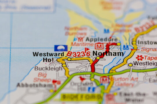 02-19-2021 Portsmouth, Hampshire, UK Westward Ho! and surrounding areas shown on a road map or Geography map