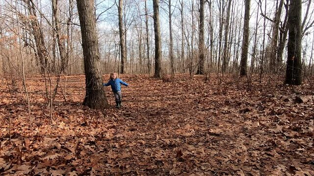 Cute Little Child Standing Alone In The Autumn Park And Looking Around, Crosswinds Marsh County Park, Southeast Michigan - wide shot,slow motion