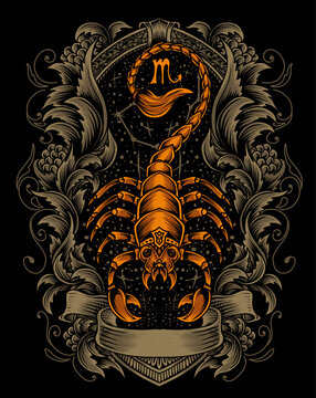 illustration scorpio zodiac symbol with engraving ornament style