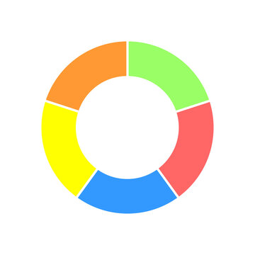 Donut chart. Colorful circle diagram segmented in 5 sections. Infographic wheel icon. Round shape cut in five equal parts isolated on white background. Vector flat illustration