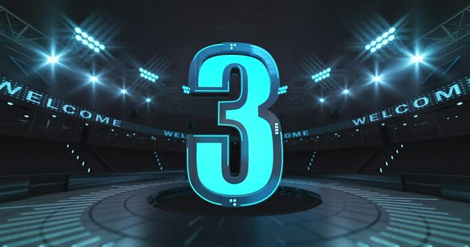 Countdown before sports match from ten to one in the middle of blue stadium with glowing spotlights. Last part is without number for adding your content. Sports virtual arena in 4k video animation.