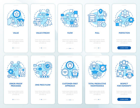 Lean manufacturing blue onboarding mobile app screen set. Walkthrough 5 steps graphic instructions pages with linear concepts. UI, UX, GUI template. Myriad Pro-Bold, Regular fonts used