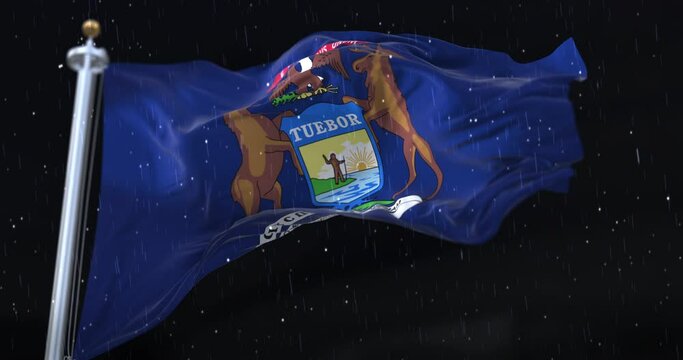 Flag of american state of Michigan, United States, with rain in the night. Loop