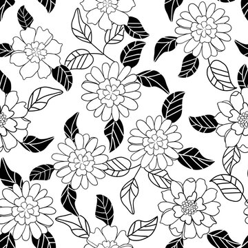 retro vector seamless pattern texture vintage style 70' and 60's flower pattern black and white flowers and leaves, great for wallpaper background fabric projects. 