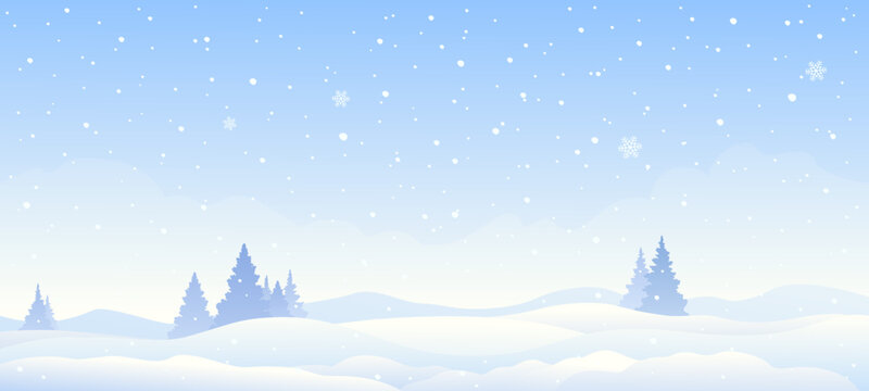 Vector illustration of a winter morning landscape, light blue panoramic banner