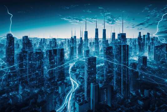 Internet of things idea with blue high tech tone of cityscape linked line. Generative AI