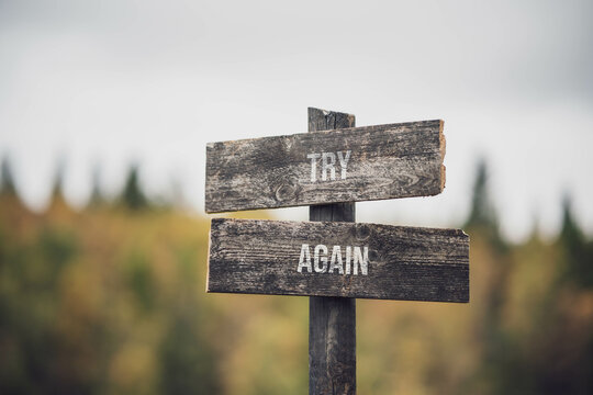 vintage and rustic wooden signpost with the weathered text quote try again, outdoors in nature. blurred out forest fall colors in the background.