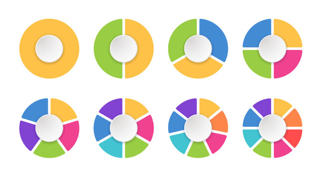 Colorful infographic with pie charts or circle slices division, showing proportional data segments in circular graphic. Each slice represents category and data value. Vector Illustration