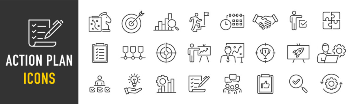 Action plan web icon set in line style. Schedule, plan, implementation, strategy, analysis, collaboration, check, collection. Vector illustration.