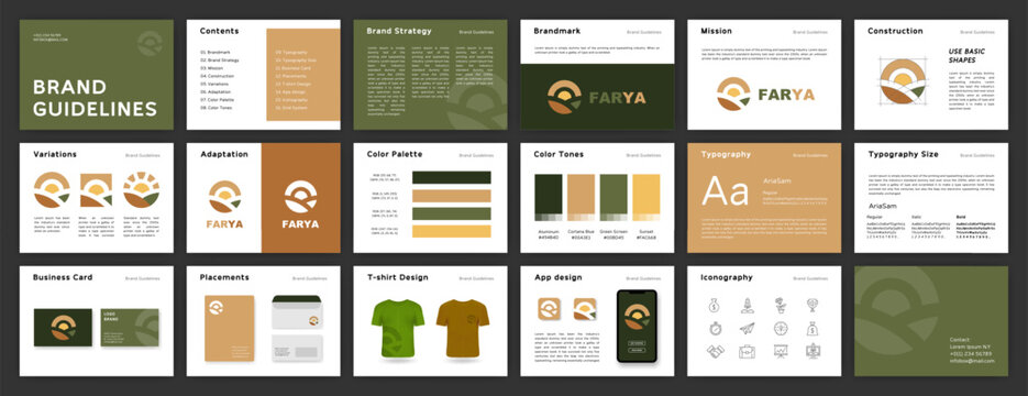 Green and Brown Brand Guidelines template. Brand Identity presentation. Logo Guideline template. Logo Guide Book. Logotype presentation