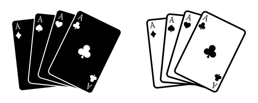 Set of playing card vector icons. Gambling game. Four card. Black outline icons. 