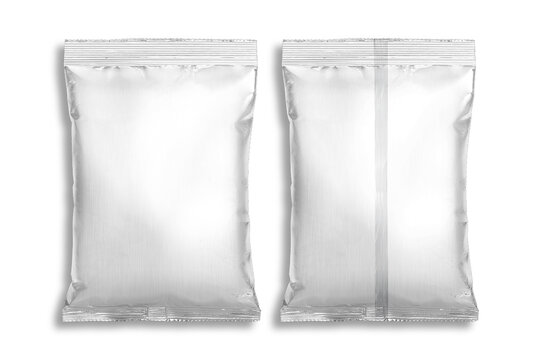 Blank food snack pillow bag - front and back, mock-up. Realistic crumpled plastic pouch pack isolated on white background, mockup. Template for design.3d rendering.