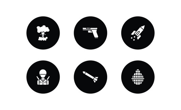 army and war filled icons set. army and war filled icons pack included bomb detonation, gun, missile, soldier, launcher, whizbang with rong vector.