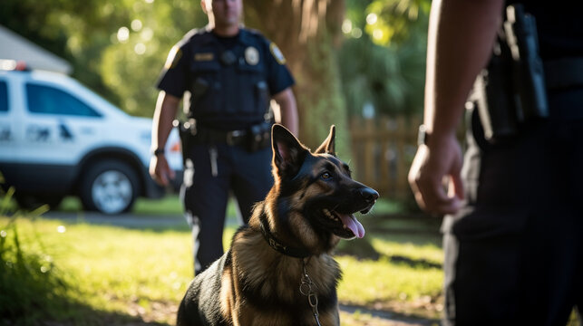 A K-9 unit dog assisting police officers in tracking down a suspect Generative AI