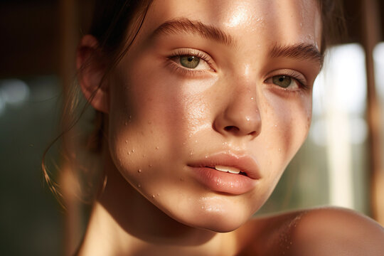 A dewy-skinned woman basks in the joy of summer, her beautiful face radiating with wellness by the pool