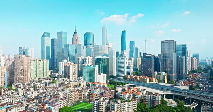 Aerial view of Guangzhou city financial district skyline. Removed building trademark and advertising