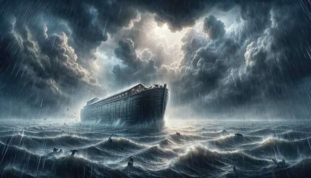 Noah's Ark amidst the pouring rain during the flood.