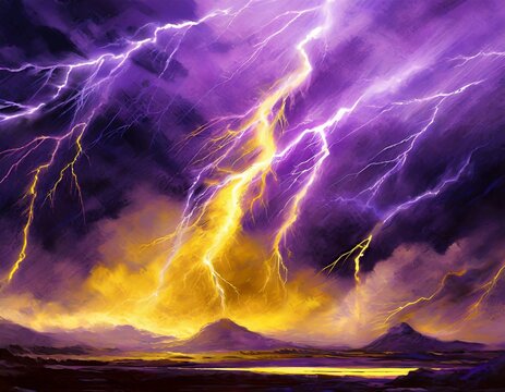 graphic purple and yellow lightning storm background over mountains 