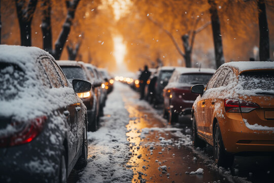 snow covered cars on the road in snowfall in winter