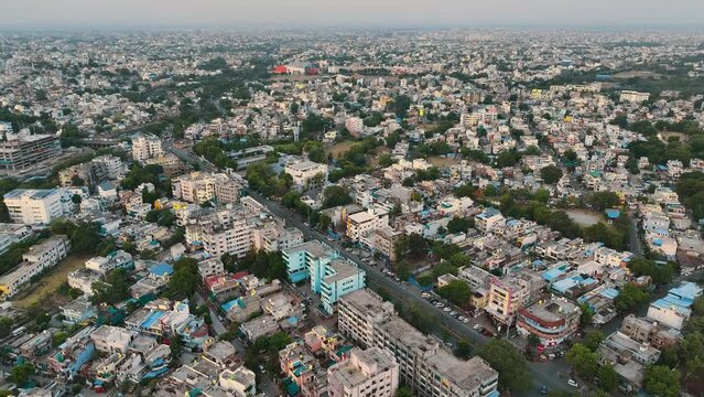 Aerial view of Nagpur city, India. Drone shot of the beautiful Indian City. Fast-growing Indian Cityscape.