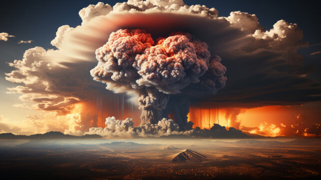 Mushroom cloud of a Nuclear bomb detonation. Photorealistic illustrations. Nuclear explosion. War, world catastrophe, collapse. 
