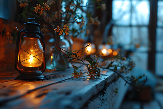 An old lantern in the dark. Concept of light in dark times and international Earth day