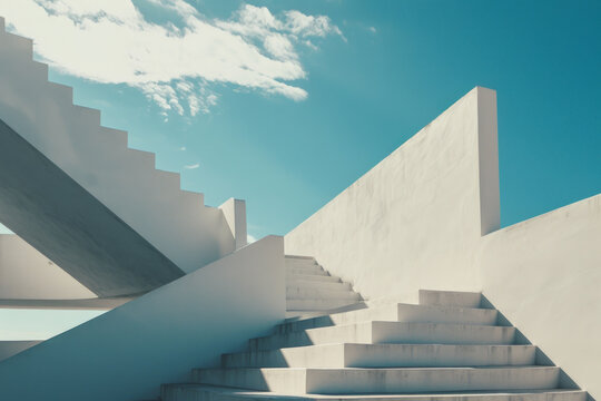 Abstract white painted concrete structure, blue sky with clouds, shadows on the grounds, with low angle shot, minimalism, Modern and activity atmosphere.