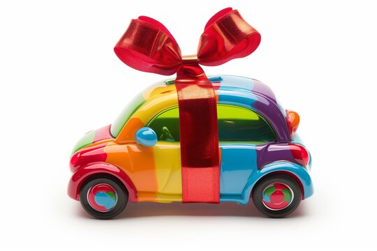 Ultimate Surprise: Multicolored Toy Car Gift with a Lustrous Red Bow