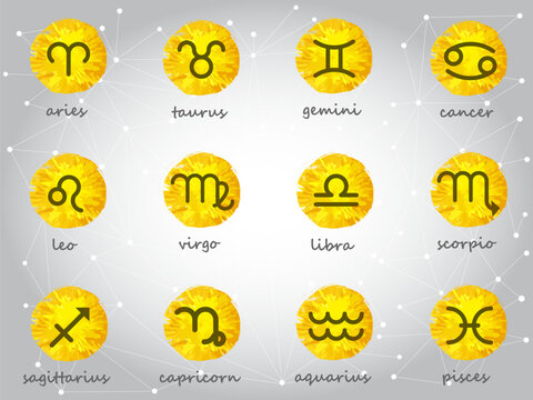 Set of zodiac signs icons with captions. Horoscope set. Simple drawn astrology symbols with yellow watercolor backgrounds for your design. Vector EPS10.